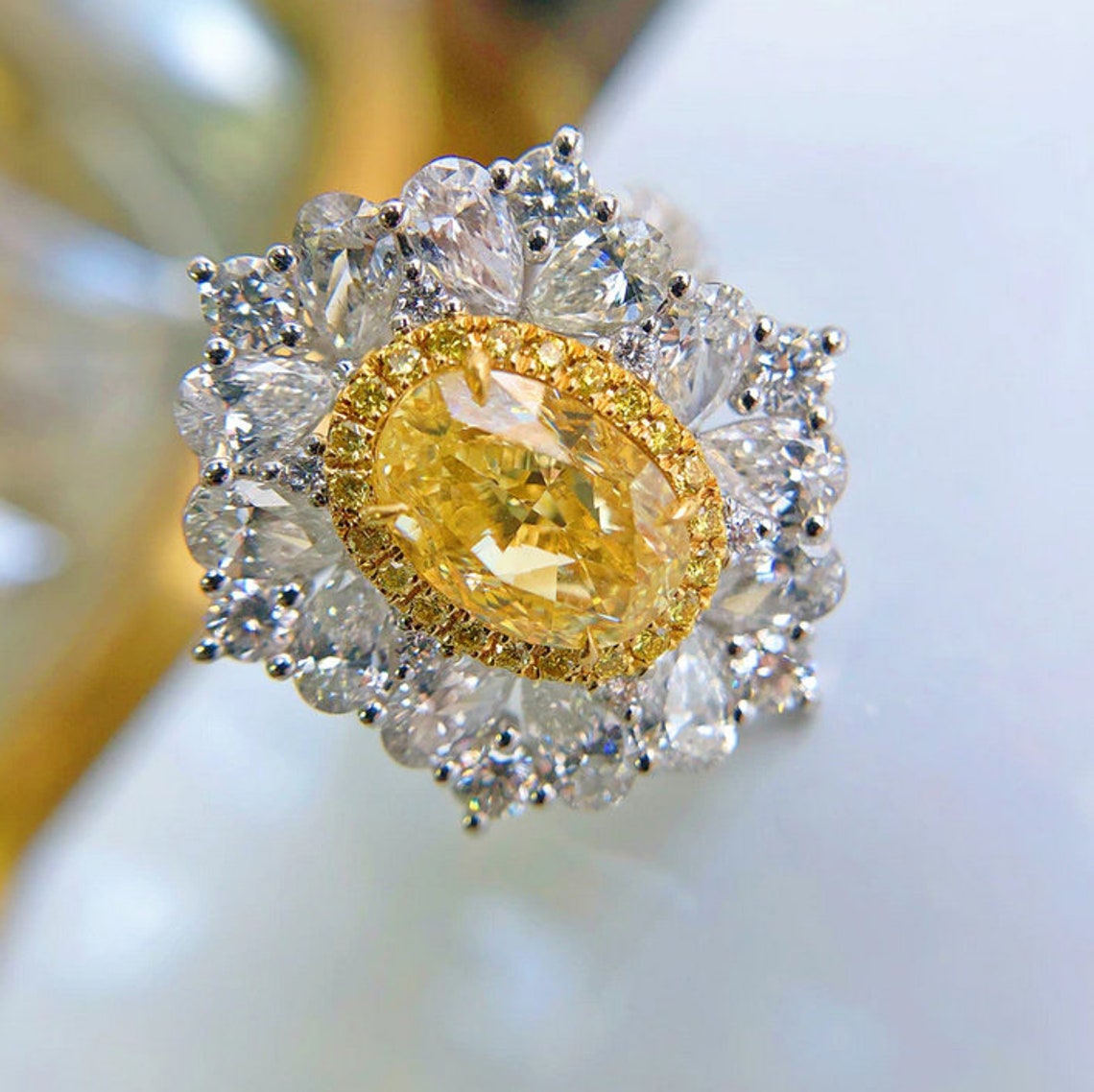 Yellow Lab Diamond Oval Flower Women's Ring Silver 925 Etsy