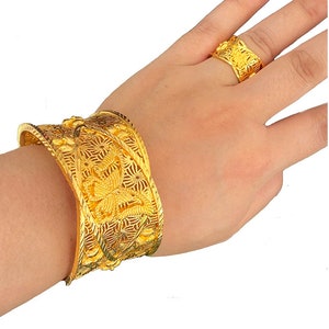 24K Gold Plated Dubai Bangle Ring Set Bracelets Cuff Style - Etsy