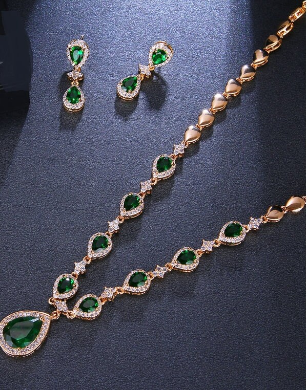 Luxury Gold Plated Emerald Green Cubic Zirconia Bridal - Etsy