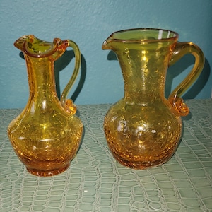 Pair of Vintage Orange Crackle Glass Cruet Pitchers