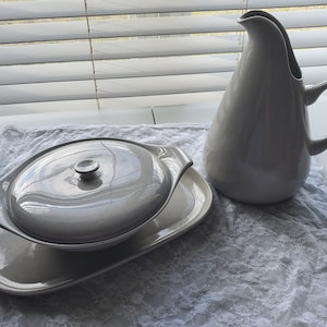 Russel Wright Gray Pitcher, Platter, and Covered Dish