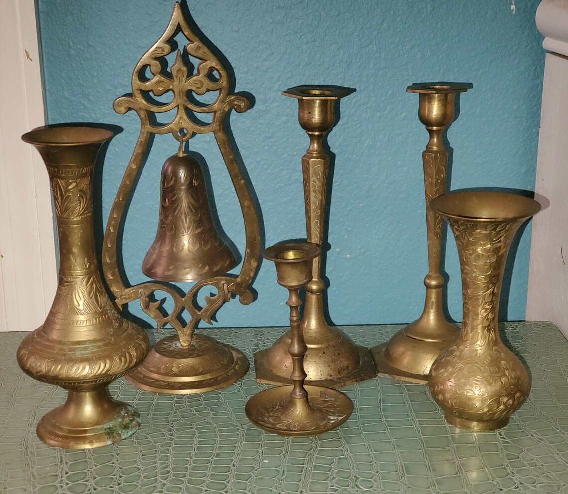 Vintage Engraved Brass Bell Candlesticks and Vases Made in Etsy