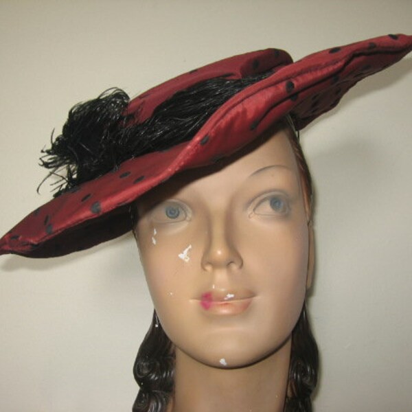 Vintage Costume Hat / French Cinema / Edwardian Boater Style / Polka Dots