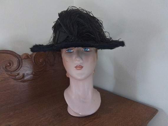 Antique Edwardian Era Boater Plush Hat - image 8
