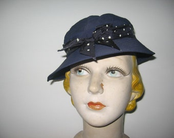 Vintage Hat / 1930's / Slouch / Navy Blue / Polka Dot Ribbon / NRA Label / Excellent Condition!