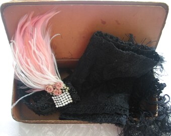 Antique  Roaring Twenties Flapper Items / Trio / Casket Box, Headband, Scarf / Rare Find / Collectible