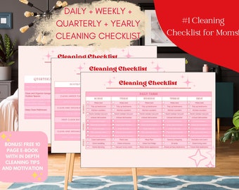 Rosa städchecklista med GRATIS E-BOK - Utskrivbar städning - Städschema för hemmamamma - ADHD-städning - Checklista för städning för mamma