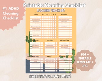 May include: A printable cleaning checklist with a yellow background and cactus illustrations. The checklist is divided into daily, weekly, and daily tasks for each day of the week. The text "#1 ADHD Cleaning Checklist" is at the top of the page. The text "FREE EBOOK INCLUDED!" is at the bottom of the page.