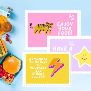 Lunchbox Notes Printable with positive affirmations for kids, featuring a colorful rainbow theme with cute graphics such as a cactus, rainbow, succulent, daisy, sun, mushroom, sun. Includes encouraging words and affirmations.