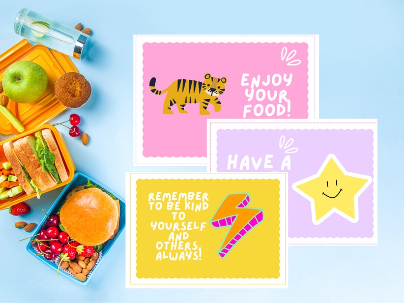 Lunchbox Notes Printable with positive affirmations for kids, featuring a colorful rainbow theme with cute graphics such as a cactus, rainbow, succulent, daisy, sun, mushroom, sun. Includes encouraging words and affirmations.