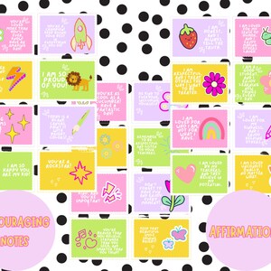 Lunchbox Notes Printable with positive affirmations for kids, featuring a colorful rainbow theme with cute graphics such as a cactus, rainbow, succulent, daisy, sun, mushroom, sun. Includes encouraging words and affirmations.