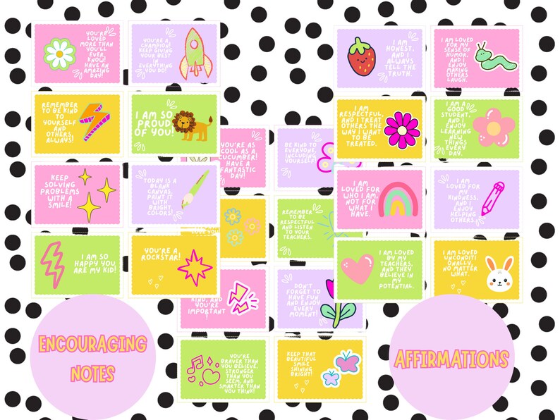 Lunchbox Notes Printable with positive affirmations for kids, featuring a colorful rainbow theme with cute graphics such as a cactus, rainbow, succulent, daisy, sun, mushroom, sun. Includes encouraging words and affirmations.