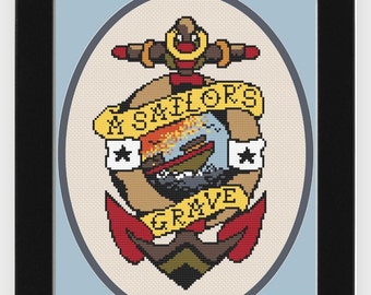 Het graf van een zeeman, Sailor Jerry Traditionele tattoo kruissteek Xstitch moderne kruissteek handwerk downloadbaar PDF-patroon