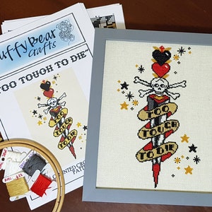 Too Tough To Die, Sailor Jerry Traditional Tattoo Cross Stitch Xstitch Modern Cross Stitch Needlework Downloadable PDF Pattern