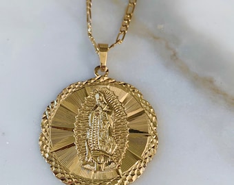 14K Tri-Color Gold Halo Reversible Our Lady Of Guadalupe /& Jesus Pendants Charms