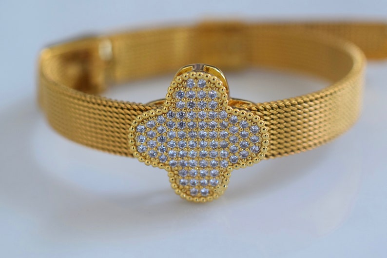 Gold Plated Diamond Inspired Clover Belt Style Bracelet Has Optional Matching Necklace And Earrings