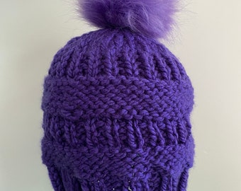 Purple Winter Hat with Removable Purple Pom Pom Ready To Ship