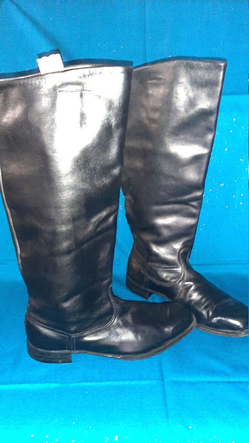 Vintage Soviet Chrome Leather Riding Boots, Tall Black USSR Vintage Footwear image 3