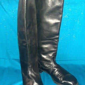 Vintage Soviet Chrome Leather Riding Boots, Tall Black USSR Vintage Footwear image 1