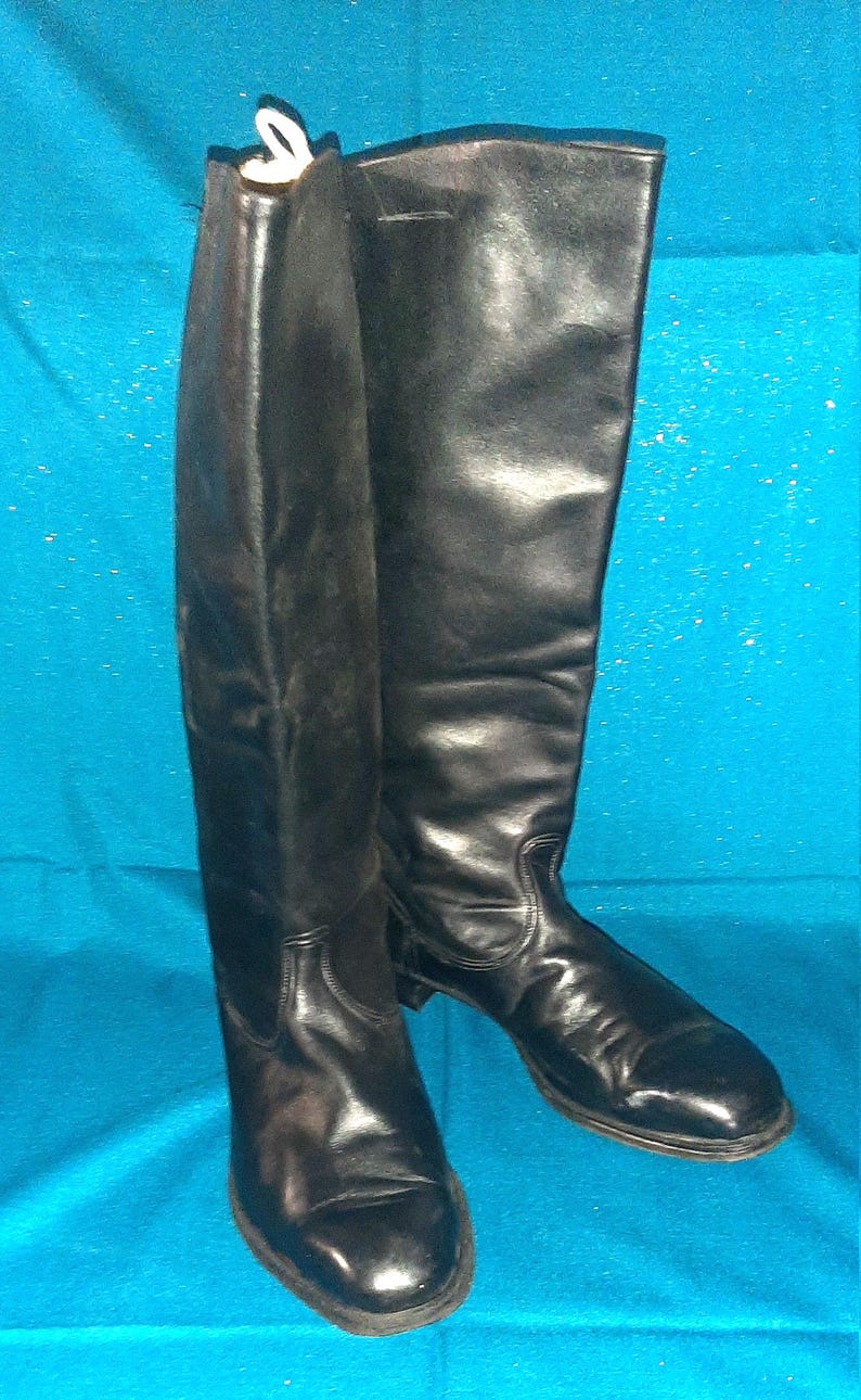 Vintage Soviet Chrome Leather Riding Boots, Tall Black USSR Vintage Footwear image 1