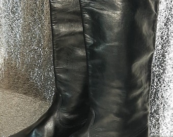 Vintage Black Chrome Leather Tall Boots, Soviet USSR 1950s Classic Old Era Footwear