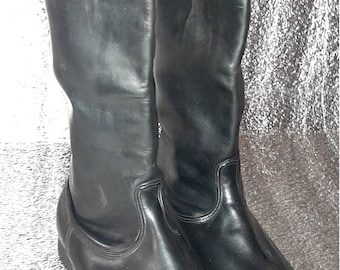 Vintage 1980s Chrome Leather Tall Boots, USSR Long Classic Retro Footwear