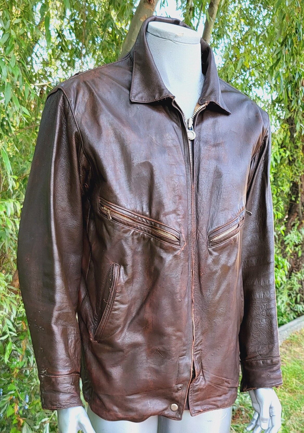 Buy Vintage 1980s Shevretka Leather Jacket, Brown Zip Front Retro