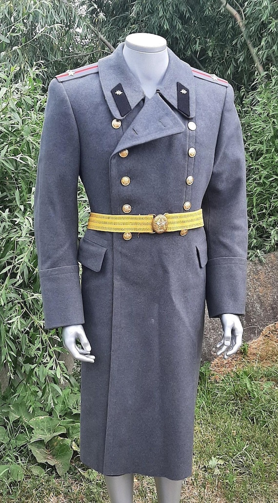 Vintage Wool Double Breasted Long Coat, Gray Color, With Yellow