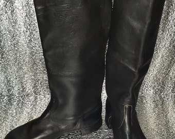 Vintage 1950s Black Leather Tall Boots, Soviet Era Rare