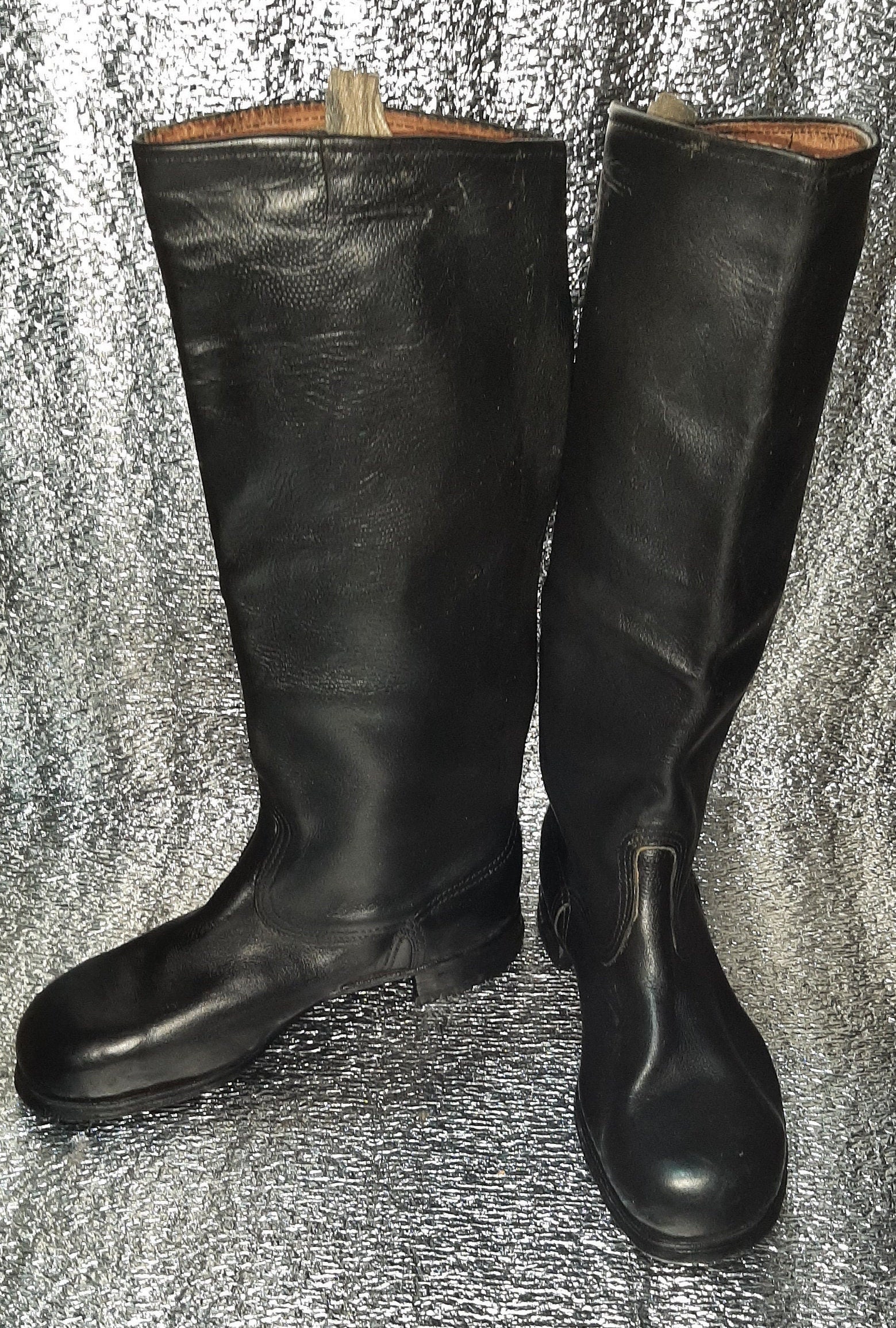 Vintage 1950s Black Leather Tall Boots, Soviet Era Rare