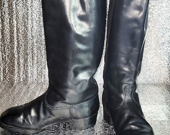 Vintage 1970s black leather tall boots, Eastern European collectible chrome boots, rare retro footwear