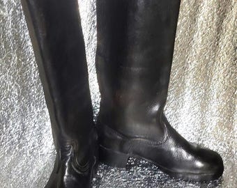 Vintage 1970s Black Leather Riding Boots, USSR Tall Heel Retro Footwear