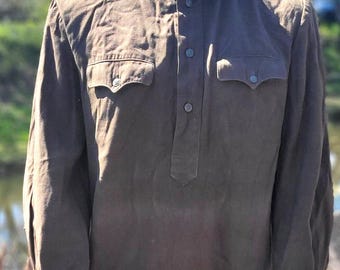 Vintage khaki tunic shirt, semi wool fabric, stand collar, button placket style