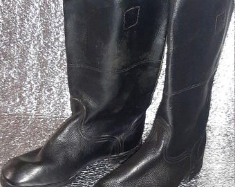 Stivali vintage in pelle nera a metà polpaccio, pelle Yuft, suola in cuoio, stile antico