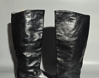 Vintage Chrome Finish Tall Boots, Black Classic Style, Retro Footwear, USSR Vintage