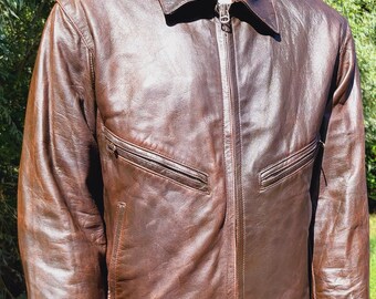 Vintage Soviet Brown Leather Jacket Zip Front Classic Collar Aged