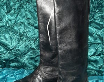 Vintage tall chrome leather boots, rare 44 cm high polished riding style footwear