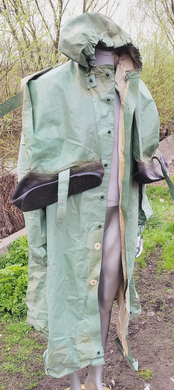 Vintage Soviet Rubberized Rain Cape Set, USSR Hooded Waterproof