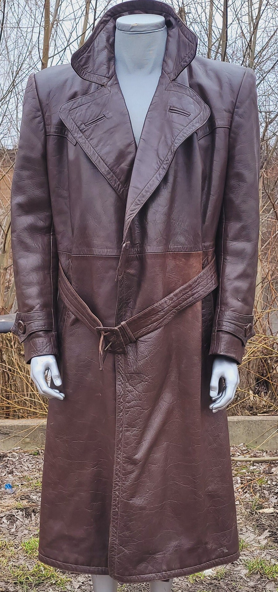Vintage Long Leather Coat, Rare 1950s Brown Overcoat, Retro Full