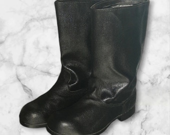 Vintage Black Tarpaulin Tall Boots, USSR Durable Factory Made Retro Footwear