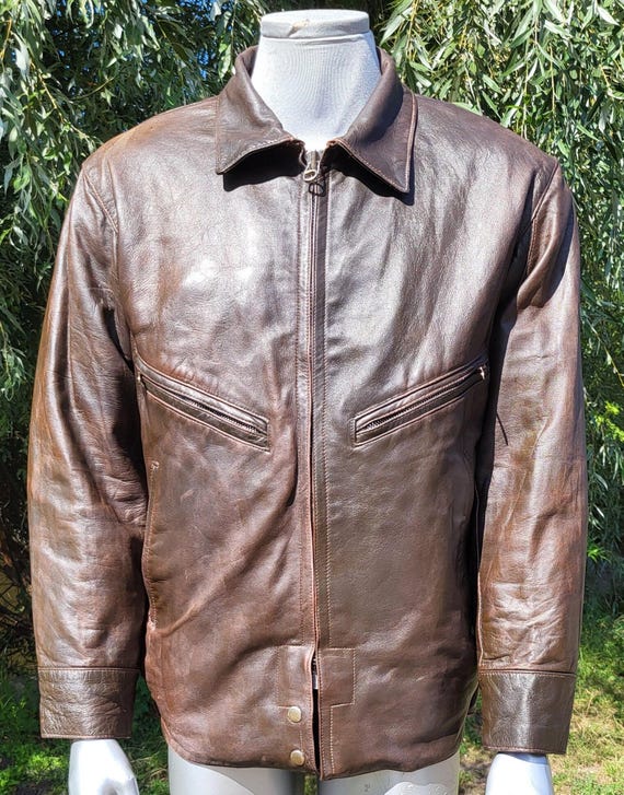 Vintage Soviet Brown Leather Jacket Zip Front Classic Collar Aged