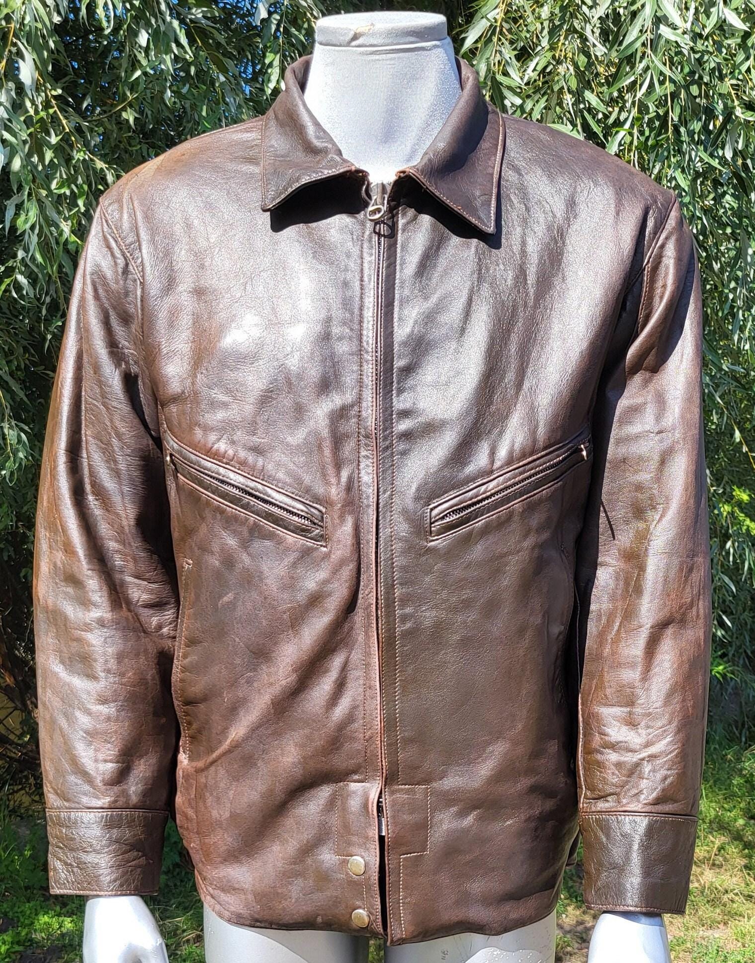 Vintage Brown Leather Jacket, Zip Front, Classic Collar, Aged