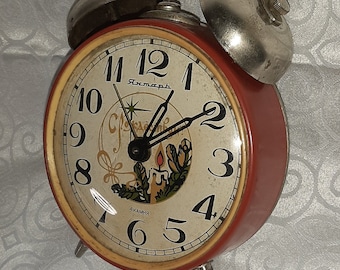 Vintage 1970s Mechanical Alarm Clock, Rare Red Metal Case