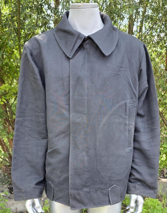 Vintage 1980s Black Workwear Jacket, Cotton Blend Button Front Coat, USSR Soviet Minimalist Retro Outerwear Unisex