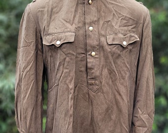 Vintage Old Era Khaki Wool Blend Tunic Shirt, Stand Collar Button Front Collectible