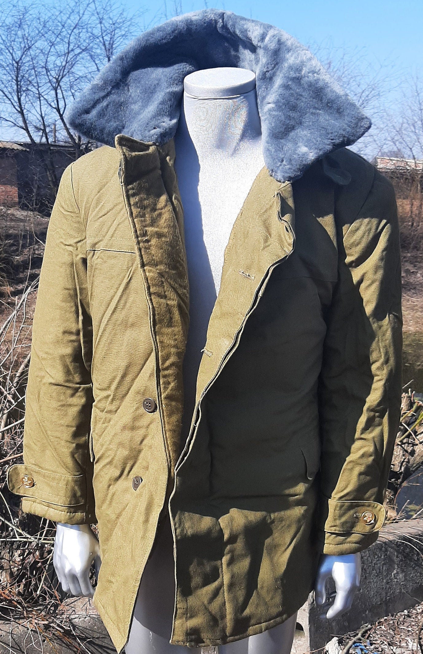 Vintage Winter Insulated Jacket, Khaki Cotton Outerwear, Fur