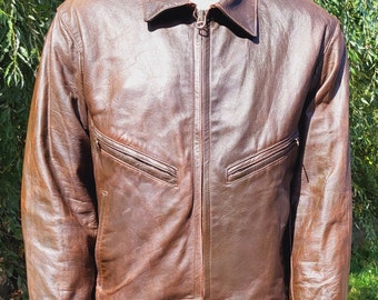Vintage Soviet Brown Leather Jacket Zip Front Classic Collar Aged