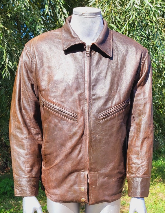 Vintage Soviet Brown Leather Jacket Zip Front Classic Collar Aged