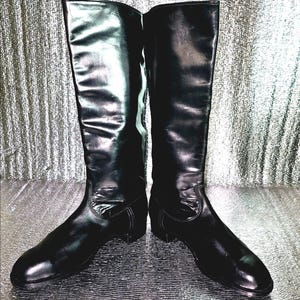 Vintage Tall Black Leather Boots, Soviet Glossy Finish, Classic Formal USSR Footwear