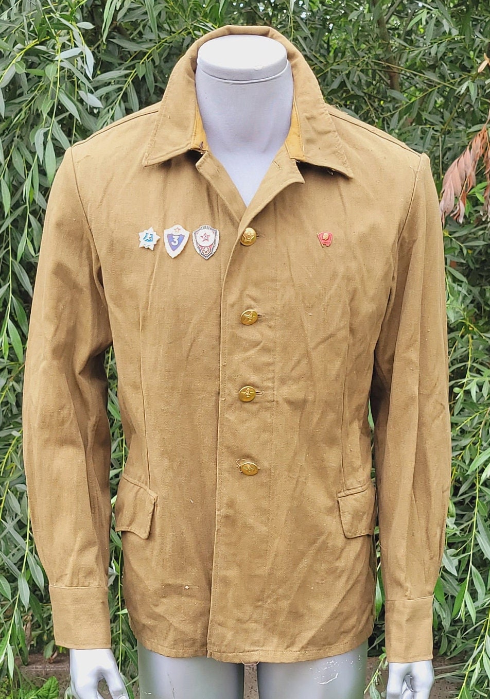 Veste kaki en coton vintage des années 1960, chemise de travail d'été rare, vêtement rétro de collection
